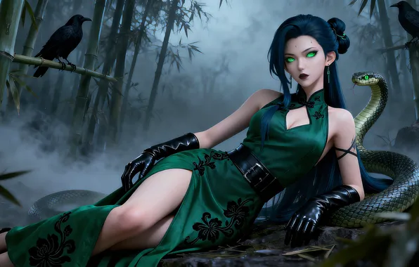 Girl, dress, birds, brunette, asian, gloves, ai art, snake