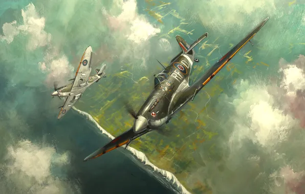 Облака, Самолеты, Полет, Картина, Британия, Арт, Supermarine Spitfire, Английский художник