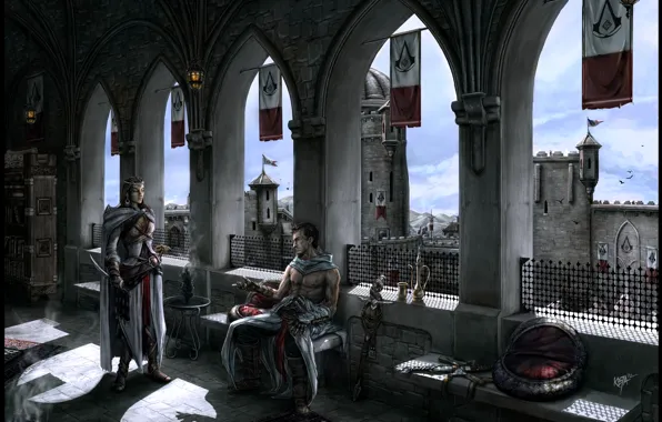 Картинка девушка, мужик, альтаир, ассасин, масиаф, Assassins Creed - Altair and Adha