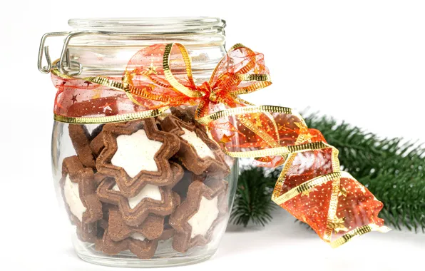 Печенье, лента, банка, Новый год, бант, Christmas, выпечка