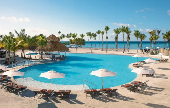 Пляж, пальмы, бассейн, курорт, бунгало, Карибские острова, Доминика, Bayahibe beach