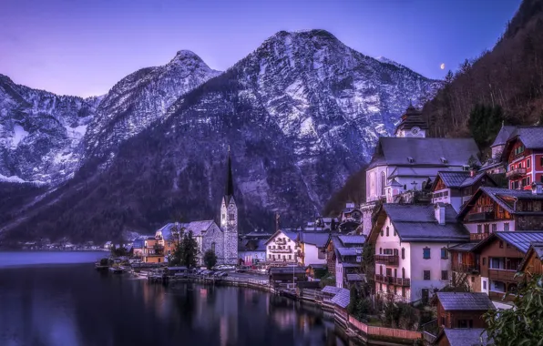 Зима, лес, горы, природа, озеро, дома, Австрия, Альпы