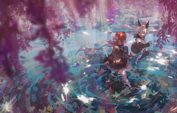 Весна, цветущие деревья, pixiv fantasia, две девочки, manha utsutsuki