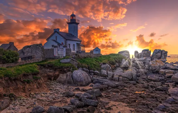 Sunset, France, Bretagne, Golden Hour, Pontusval lighthouse