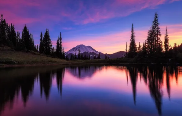 Картинка облака, деревья, горы, озеро, отражение, зарево, США, штат Вашингтон
