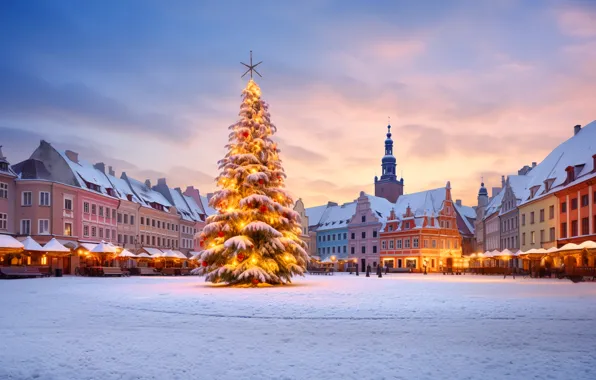 Новый Год, snow, зима, fir tree, площадь, город, Christmas, ночь