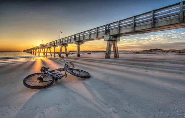 Картинка закат, мост, велосипед