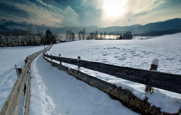 Картинка зима, дорога, забор