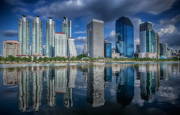 Город, река, здания, Тайланд, Бангкок
