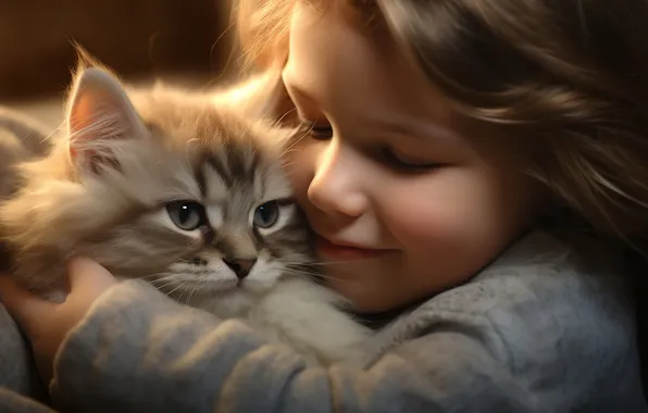 Кошка, свет, улыбка, котенок, ребенок, портрет, малыш, девочка