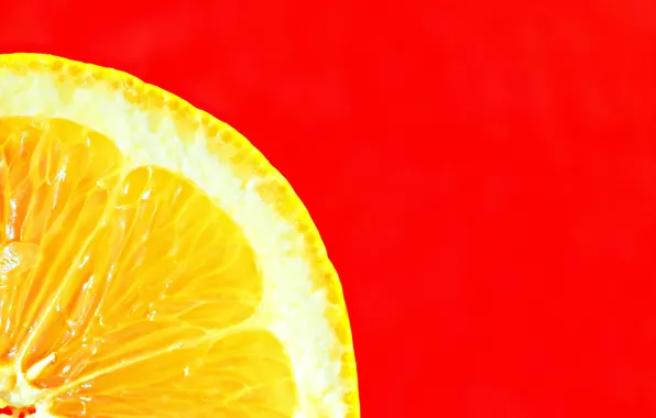 Картинка макро, лимон, минимализм, долька, красный фон