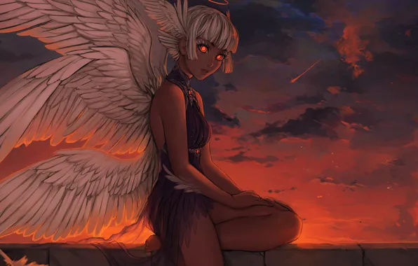 Закат, Девушка, Рисунок, Ангел, Girl, Крылья, Арт, Art