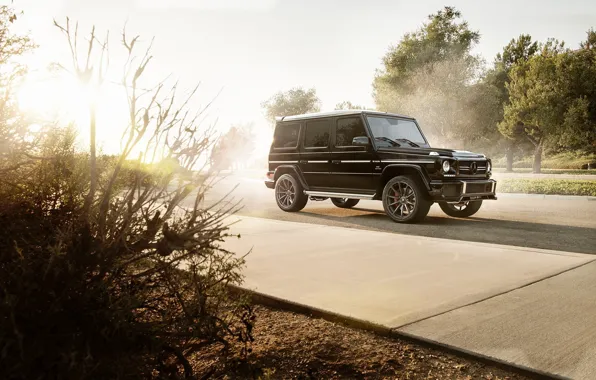 Картинка Mercedes-Benz, Front, AMG, Black, Sun, Road, G63, Geländewagen