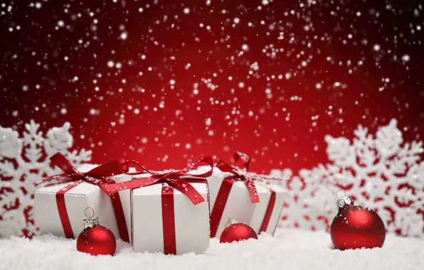 Шарики, снег, снежинки, шары, Новый Год, Рождество, подарки, balls