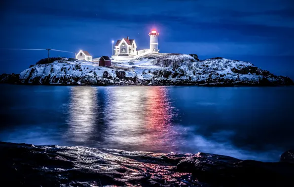 Море, ночь, природа, Nubble Lighthouse