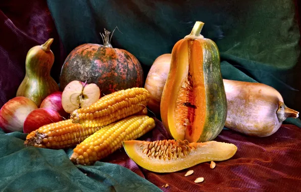 Картинка яблоки, кукуруза, тыквы, ткань, фрукты, овощи