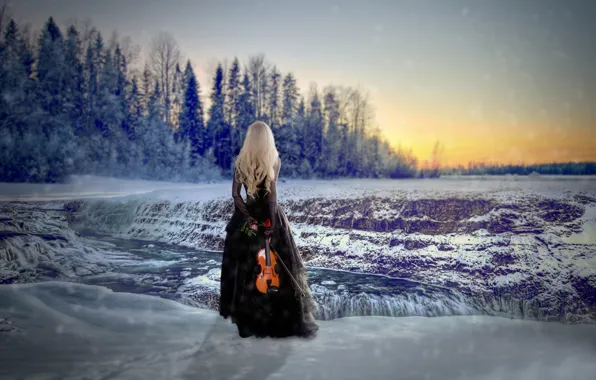 Картинка девушка, снег, скрипка, роза, платье, Winter Solstice