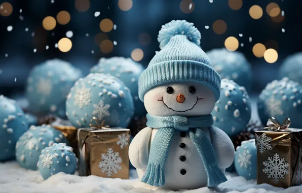 Зима, снег, Новый Год, Рождество, снеговик, happy, Christmas, balls