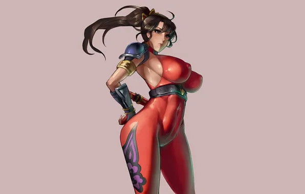 Girl, sexy, Soul Calibur, cleavage, erect nipples, bodysuit, long hair, brown hair
