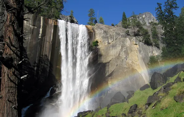 Горы, природа, скалы, водопад, California, Yosemite National Park, Vernal Falls
