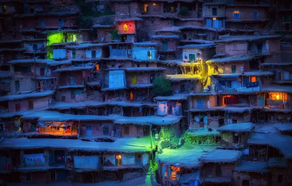 Картинка ночь, огни, вечер, деревня, домики, Иран, трущобы, Sar Aqa Seyyed