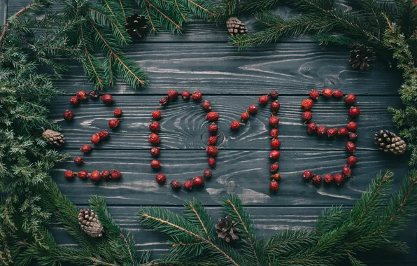 Картинка ягоды, фон, елка, Новый Год, Рождество, Christmas, wood, New Year