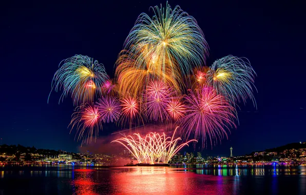 Ночь, Салют, Канада, фейерверк, Сиэтл, Праздник, Seattle, Fireworks