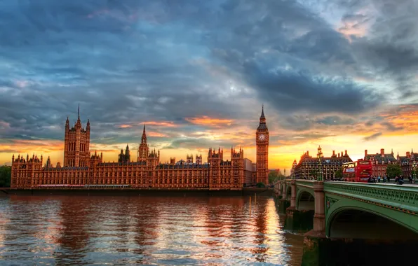 Город, река, Лондон, темза, башня с часами, Вестминстерский дворец