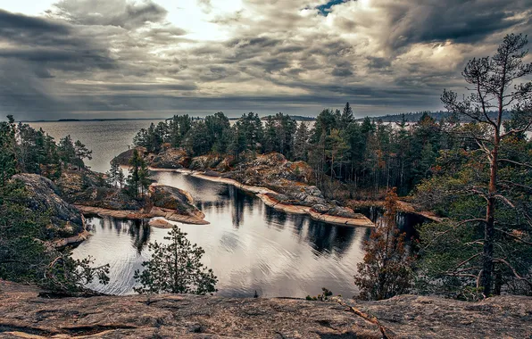 Деревья, озеро, горизонт, trees, lake, horizon, мыс, красота природы