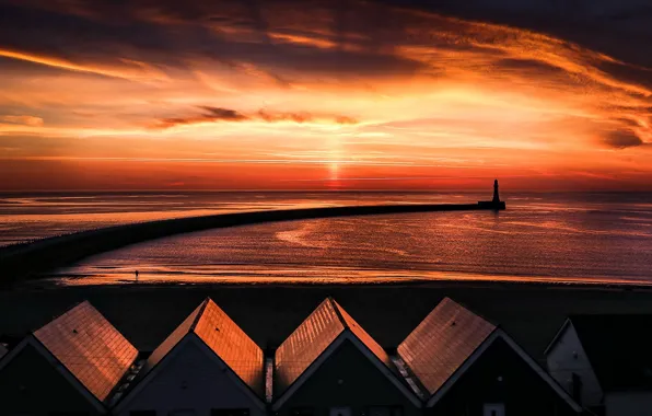 Море, ночь, берег, маяк, England, Monkwearmouth