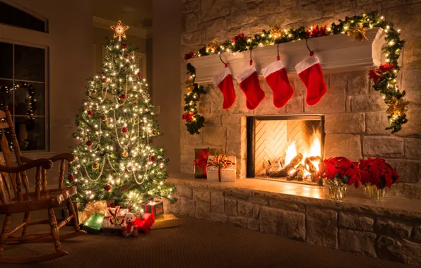 Украшения, елка, Рождество, подарки, Новый год, камин