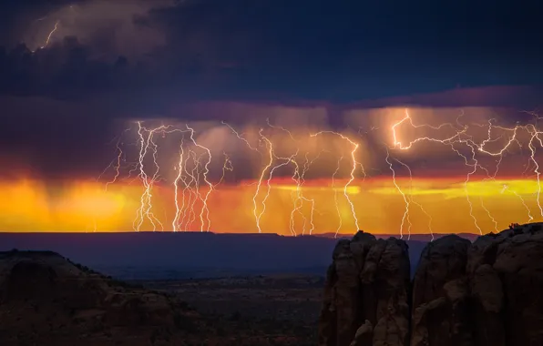 Картинка storm, twilight, sky, desert, landscape, nature, lightning, sunset