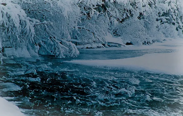 Картинка зима, снег, река, красиво