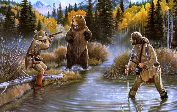 Картинка осень, лес, проблема, озеро, ситуация, бухта, медведь, живопись