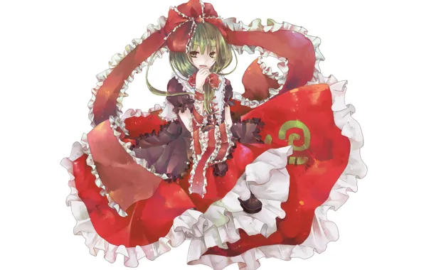 Рюшки, бант, красное платье, зеленые волосы, оборки, Kagiyama Hina, Touhou Project, Проект Восток