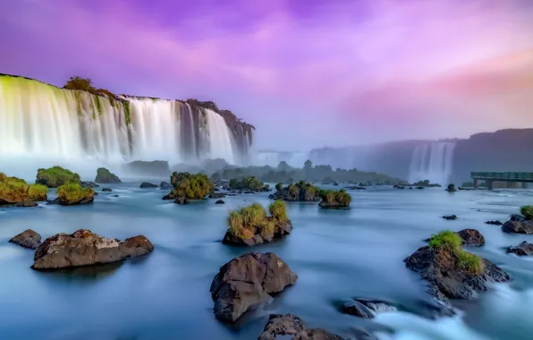 Картинка река, водопады, Бразилия, Водопады Игуасу, Brazil, кочки, Iguazu Falls, Река Игуасу