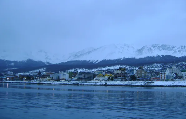 City, Argentina, Sunset, Lights, Snow, Village, Sea, Patagonia