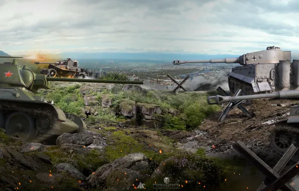 Картинка бой, панорама, сражение, танки, Т-34, World of Tanks, немецкие, советские