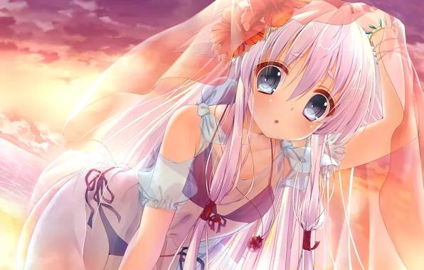 Girl, sexy, cleavage, beach, pink hair, sky, long hair, dress