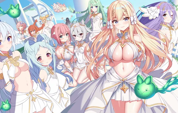 Sexy, cleavage, pink hair, green eyes, long hair, dress, girls, boobs
