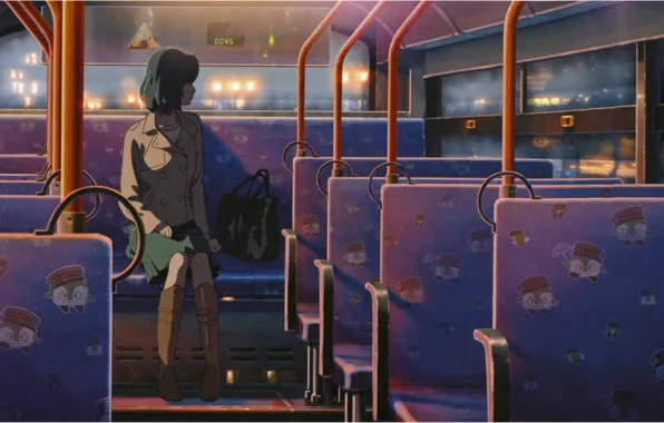Огни, вечер, автобус, сиденья, сумка, art, makoto shinkai, yukari yukino