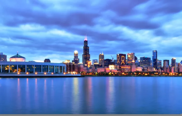 Картинка город, здания, небоскребы, вечер, Чикаго, США, Иллинойс, Chicago