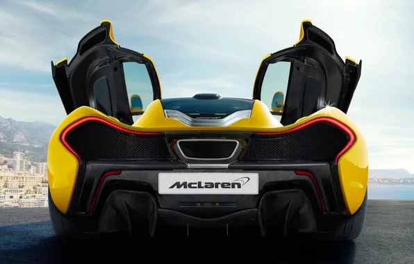 Картинка McLaren, карбон, black, yellow, выхлоп, задок, McLaren P1