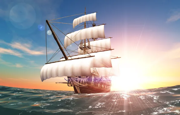 Море, солнце, корабль, паруса, плавание, курс