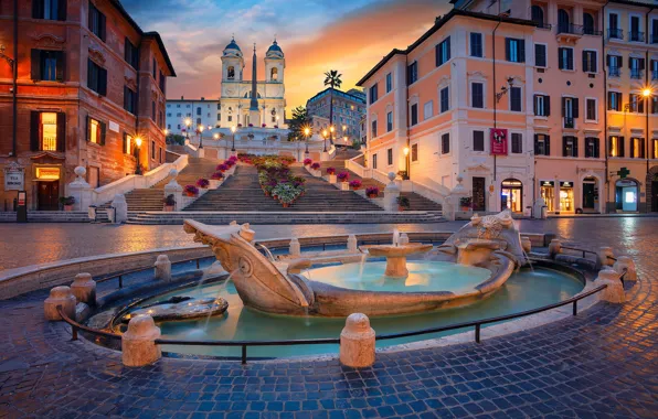 Картинка здания, дома, площадь, Рим, Италия, лестница, церковь, фонтан