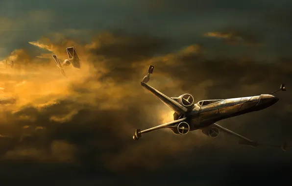 Небо, Рисунок, Star Wars, Бой, Арт, Dogfight, Science Fiction, X-wing