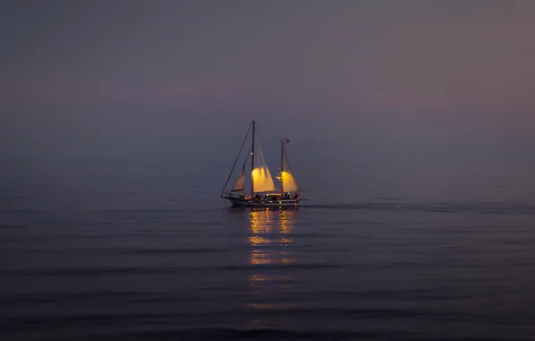 Lights, sea, seascape, boat, sailing