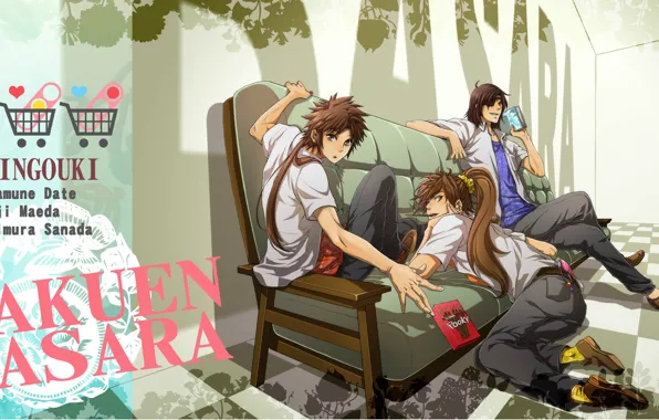 Диван, длинные волосы, школьники, fanart, sengoku basara, три парня, Masamune Date, Keiji Maeda
