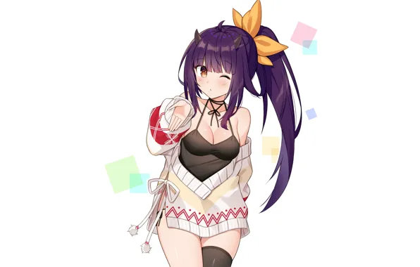 Girl, sexy, cleavage, blouse, thighhighs, long hair, boobs, anime
