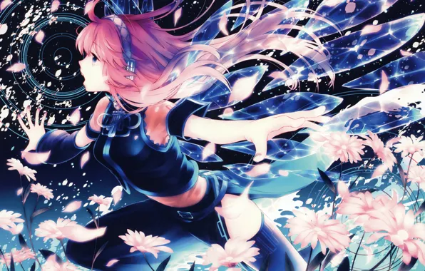 Девушка, цветы, крылья, лепестки, наушники, арт, vocaloid, megurine luka